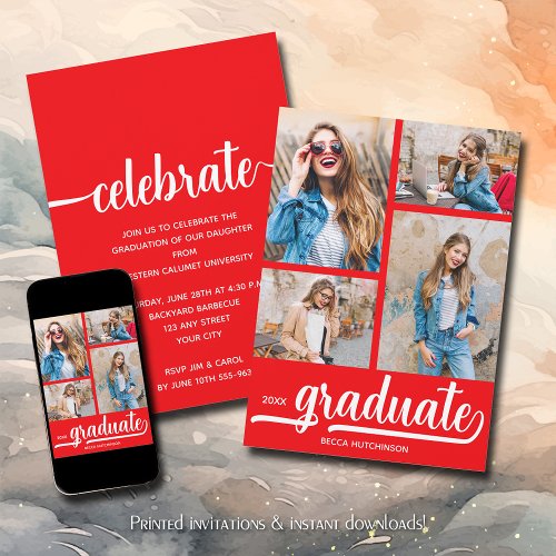 Modern 4 Photo Collage Red Graduation Invitation