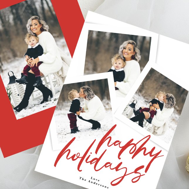 modern 4+ photo collage red script happy holiday card (Creator Uploaded)