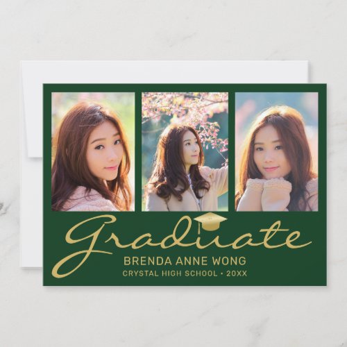 Modern 4 Photo Collage Script Green Graduation Announcement