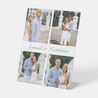Modern 4 Photo Collage & Script Name Couple Pedestal Sign