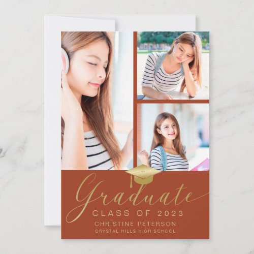 Modern 4 Photo Collage Script Orange Graduation Announcement