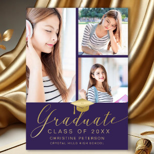 Modern 4 Photo Collage Script Purple Graduation Announcement