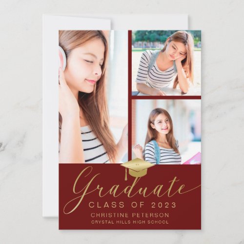 Modern 4 Photo Collage Script Red Graduation Announcement