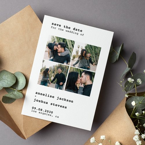 Modern 4 photo collage simple typography wedding save the date