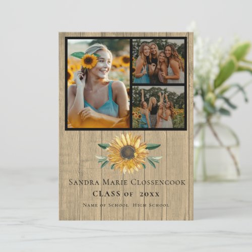 Modern 4 Photo Collage Sunflower graduation   Announcement