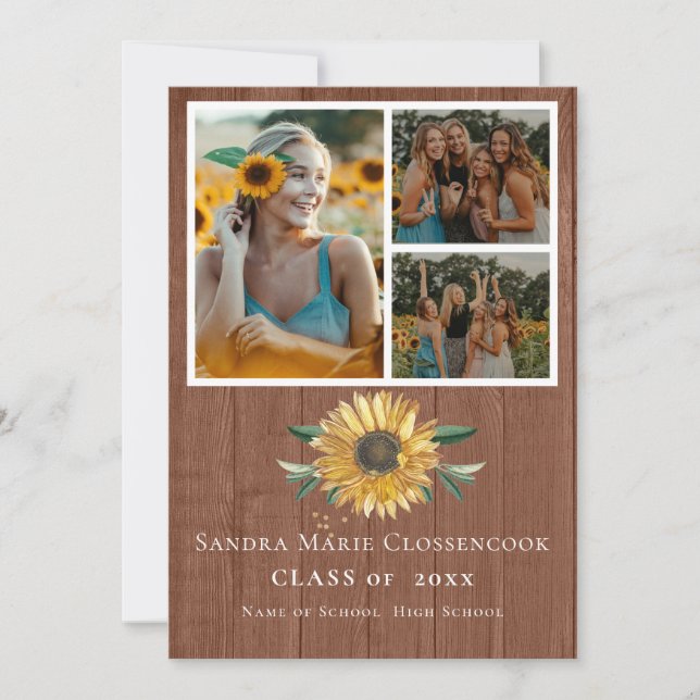 Modern 4 Photo Collage Sunflower graduation Rustic Announcement (Front)