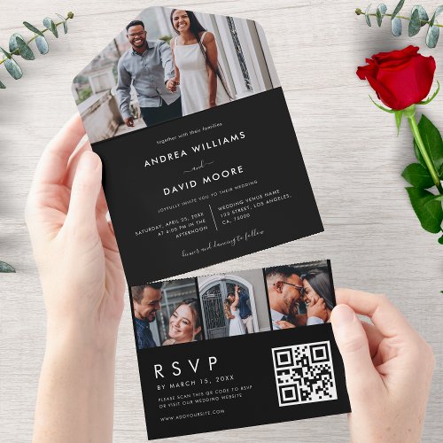 Modern 4 Photo Collage Typography Black Wedding All In One Invitation