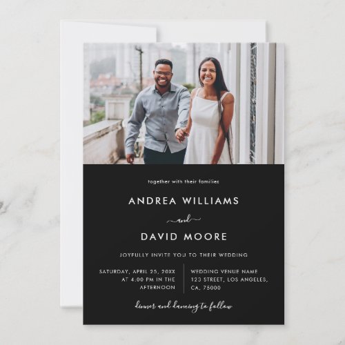 Modern 4 Photo Collage Typography Black Wedding Invitation