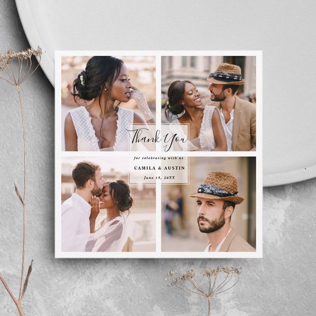 Modern 4 Photo Collage Wedding Square Thank You Card (Creator Uploaded)