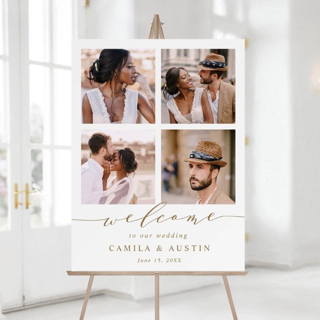 Modern 4 Photo Collage Wedding Welcome Gold Foam Board (Creator Uploaded)