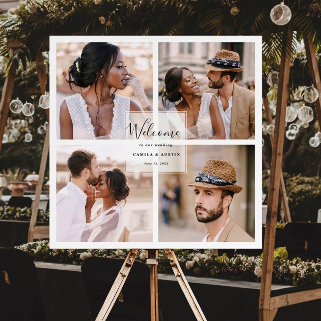 Modern 4 Photo Collage Wedding Welcome Square Foam Board (Creator Uploaded)