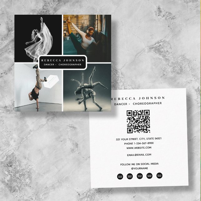 Modern 4 Photo Dancer Choreographer QR Code Square Business Card (Modern 4 Photo Dancer Choreographer QR Code Square Business Card)