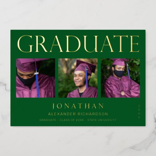 Modern 4 Photo Foil Graduation Announcement Green