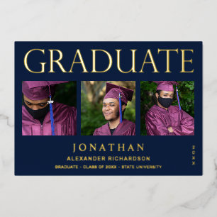 Modern 4 Photo Foil Graduation Announcement Navy