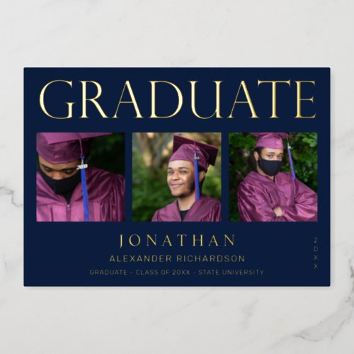 Modern 4 Photo Foil Graduation Announcement Navy