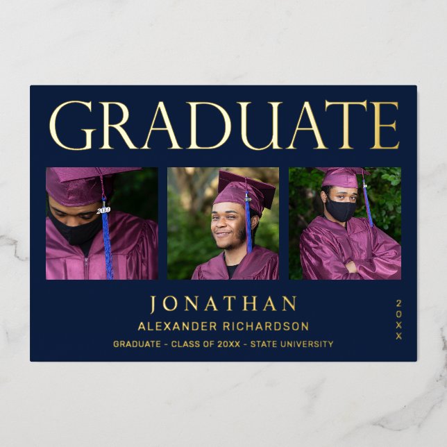 Modern 4 Photo Foil Graduation Announcement Navy (Front)