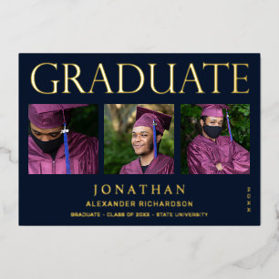 Modern 4 Photo Foil Graduation Announcement Navy 2