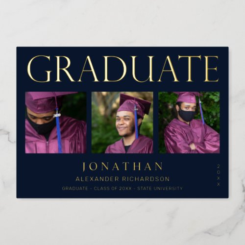 Modern 4 Photo Foil Graduation Announcement Navy 2