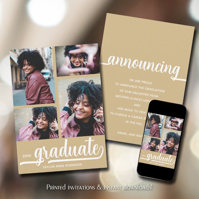 Modern 4 Photo Gold Graduation Announcement (Modern 4 photo collage gold graduation announcements)