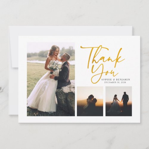 Modern 4 Photo Gold Hand_Lettered Wedding Thank You Card