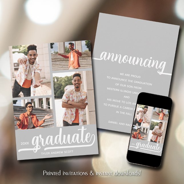 Modern 4 Photo Graduation Announcement (Modern 4 photo silver-gray graduation announcements)