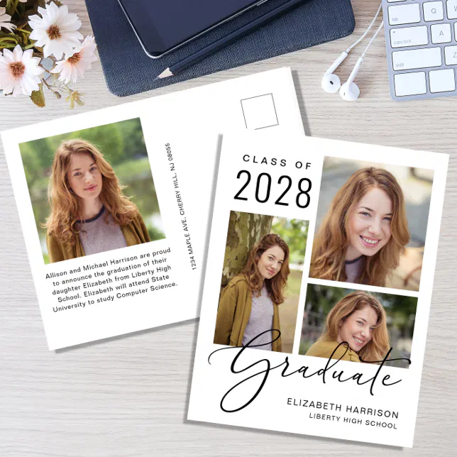 Modern 4 Photo Graduation Announcement Postcard | Zazzle