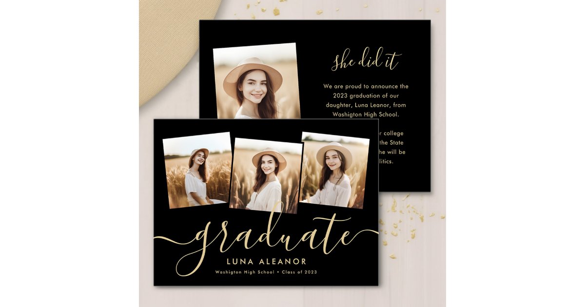Modern 4 Photo Graduation Collage Black And Gold Announcement