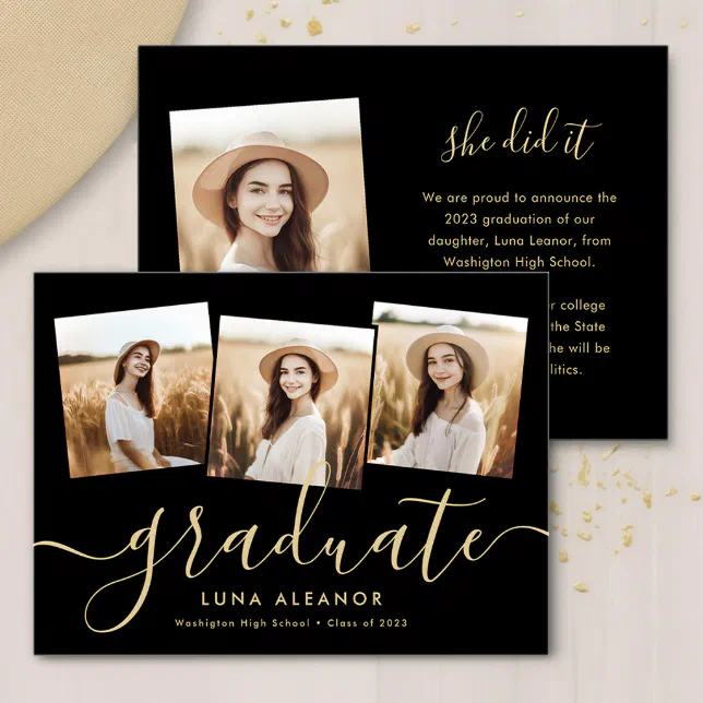 Modern 4 Photo Graduation Collage Black And Gold Announcement | Zazzle