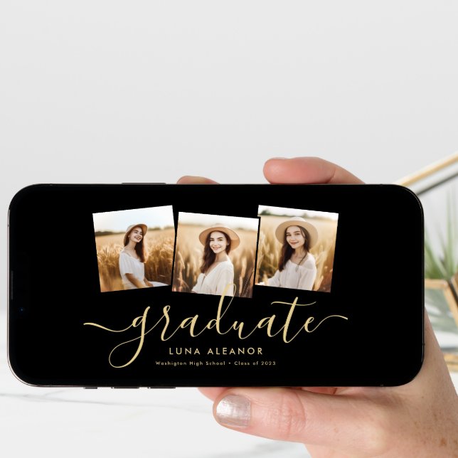 Modern 4 Photo Graduation Collage Black And Gold Announcement (Front Digital)
