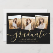 Modern 4 Photo Graduation Collage Black And Gold Announcement (Front)