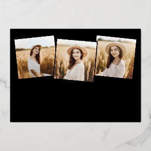 Modern 4 Photo Graduation Collage Black And Gold Foil Invitation