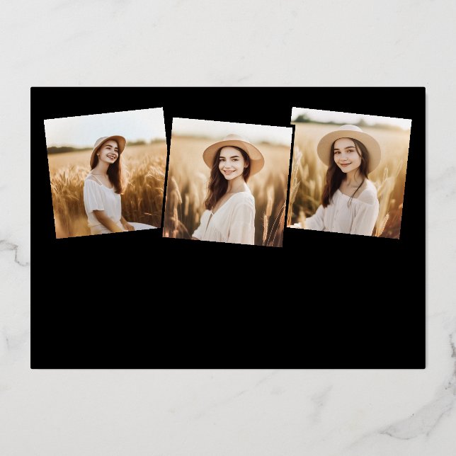 Modern 4 Photo Graduation Collage Black And Gold Foil Invitation (Front)