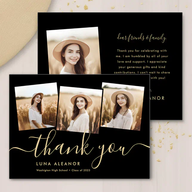 Modern 4 Photo Graduation Collage Black And Gold Thank You Card | Zazzle