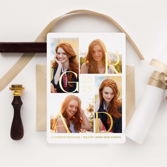 Modern 4 Photo Graduation  Foil Invitation (Creator Uploaded)