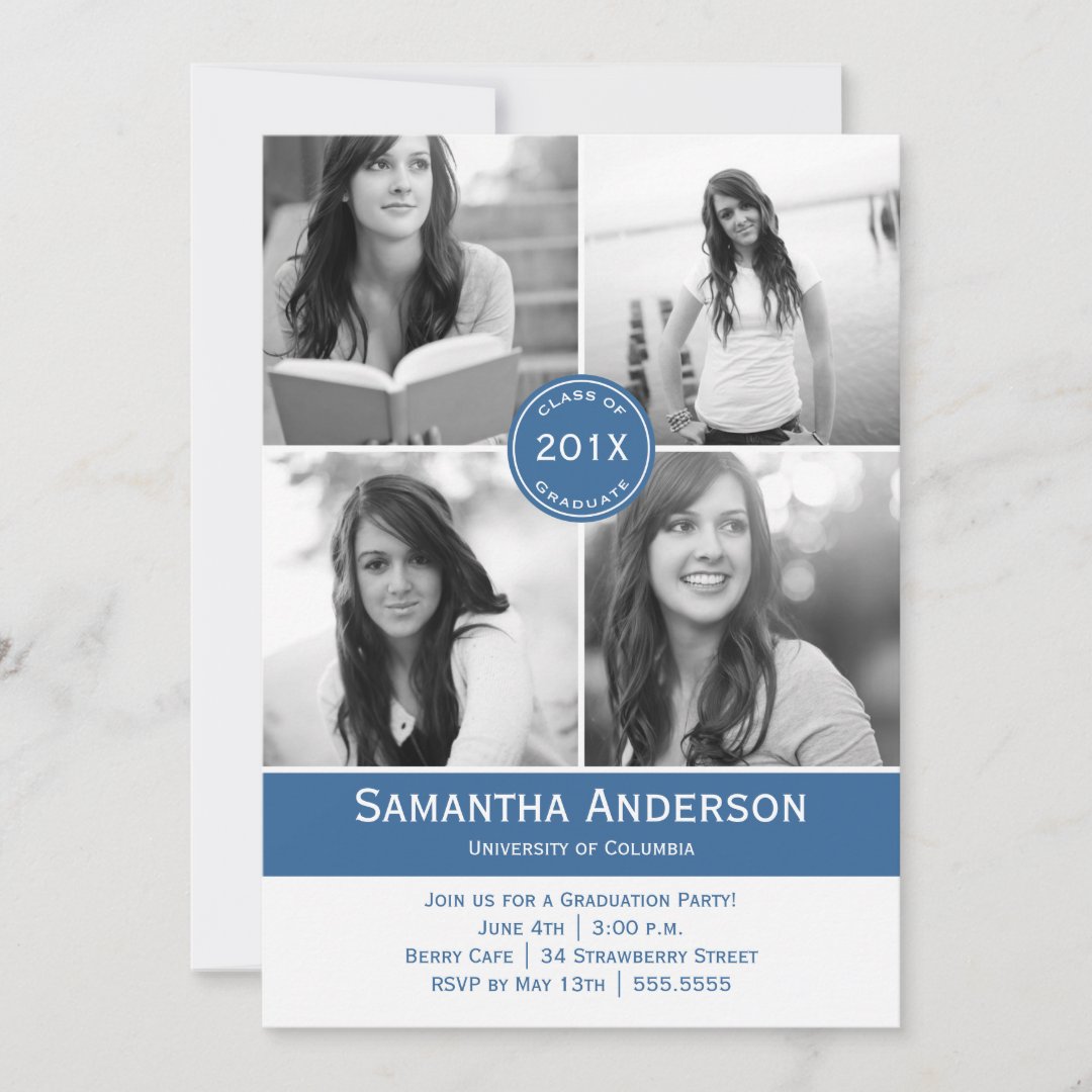 Modern 4 Photo Graduation Invitation - Blue | Zazzle
