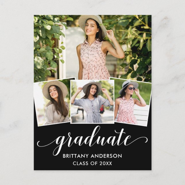 Modern 4 Photo Graduation Party Calligraphy Invitation Postcard (Front)