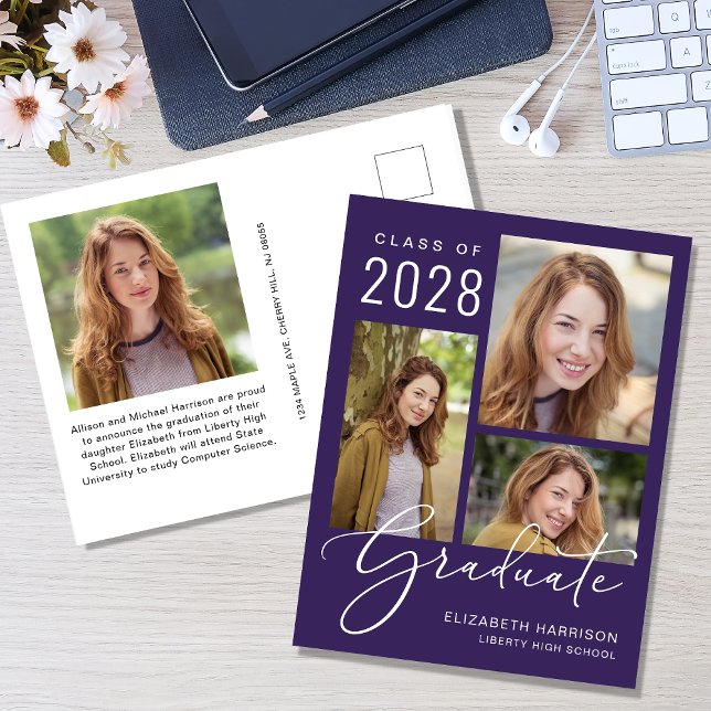 Modern 4 Photo Graduation Purple Announcement Postcard (An elegant photo collage graduation announcement to celebrate the graduate's achievements)