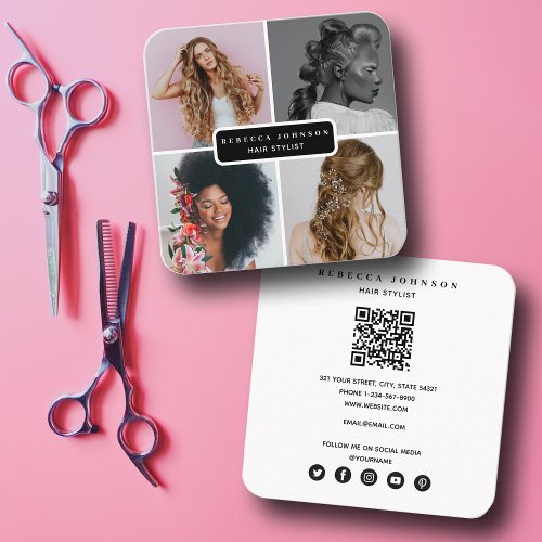 Modern 4 Photo Hair Salon Stylist Beauty QR Code Square Business Card