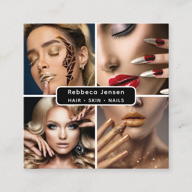 Modern 4 Photo Hair Skin Nail Salon QR Code  Square Business Card (Front)