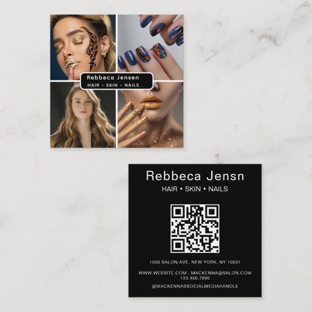 Modern 4 Photo Hair Skin Nail Salon QR Code  Square Business Card (Front/Back)