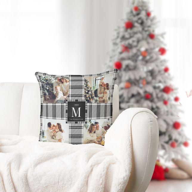  Modern 4 Photo Memories Black White Plaid Holiday Throw Pillow (Creator Uploaded)