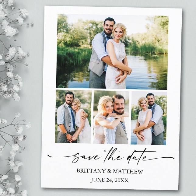 Modern 4 Photo Minimalist Ink Script Save The Date Postcard (Customize to change your personalized text size or text style.)