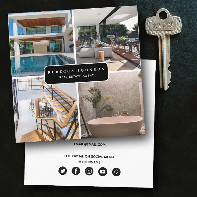 Modern 4 Photo Real Estate Agent QR Code Square Business Card Zazzle