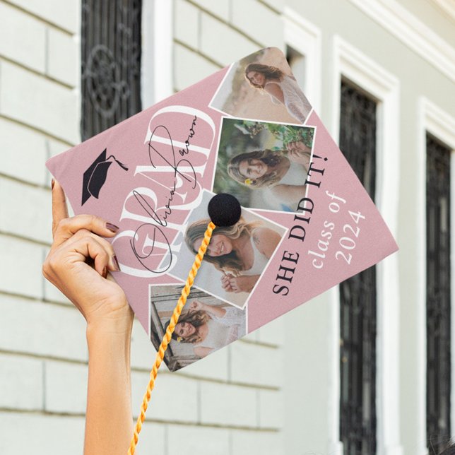 Modern 4 Photo & Signature Graduation Party Pink Cap Topper (Creator Uploaded)