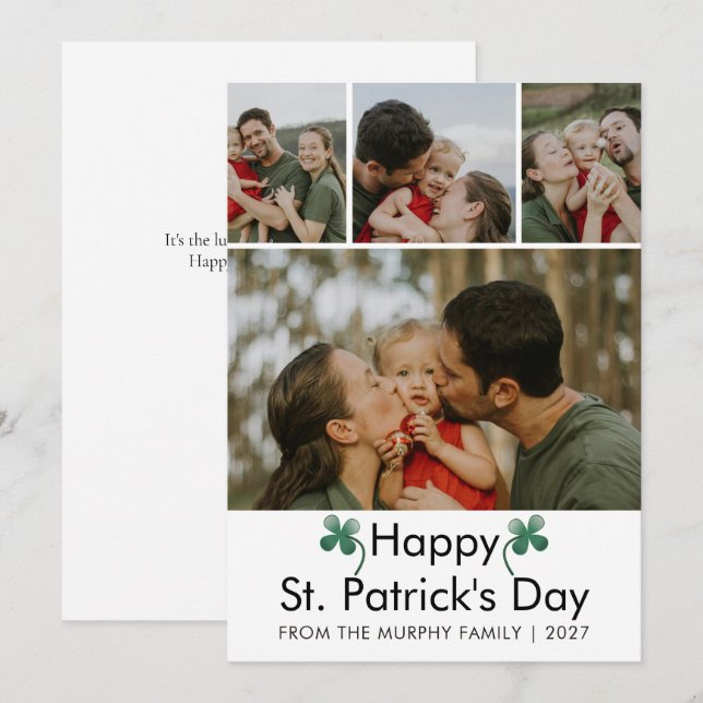 Modern 4 Photo St. Patricks Day Family  Holiday Card (Front/Back)
