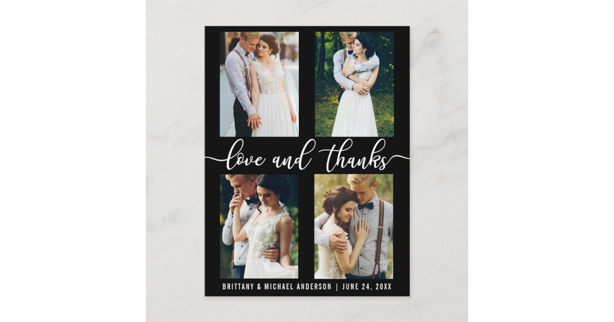 Modern 4 Photo Wedding Love and Thanks Script Postcard | Zazzle