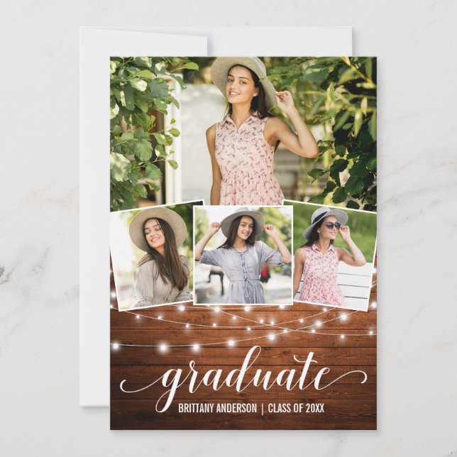 Modern 4 Photo Wood Lights Graduation Announcement (Front)