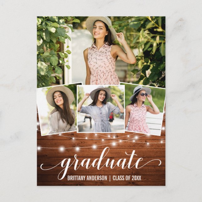 Modern 4 Photo Wood String Lights Graduation Party Invitation Postcard (Front)