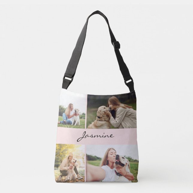Modern 4 Photos Collage Dog Pink Crossbody Bag (Front)