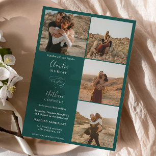 Modern 4 Photos elegant script wedding dark green Invitation